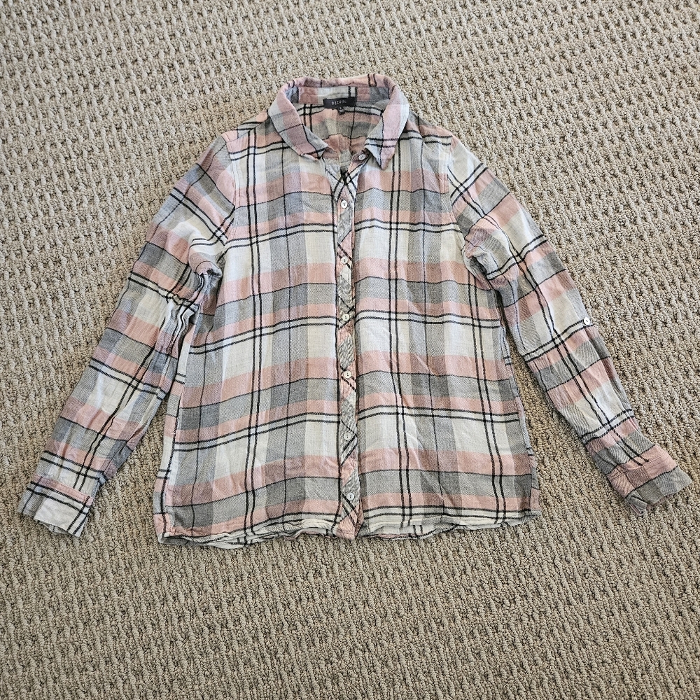 Be Cool Pink and Gray Plaid Flannel Long Sleeve Button Down Shirt